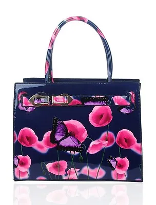 Women Floral Butterfly Print Shiny Patent Shoulder Handbag Tote Top-handle Bag  • £22.99