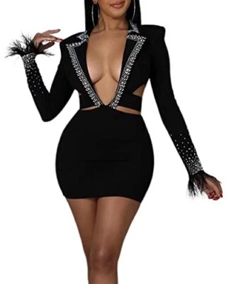 $7.99 • Buy Mintsnow Womens  Deep V Neck Long Sleeve Cut Out Bodycon Mini Dress Glitter