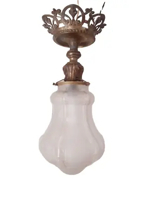 Gorgeous French Hall Lantern 1900 Chandelier Ceiling Gilded Bronze Curved Glass • £569.96