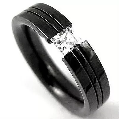 Black Platd TITANIUM TENSION RING With 4mm Square CZ & Accent Band Size 13 • $17.28
