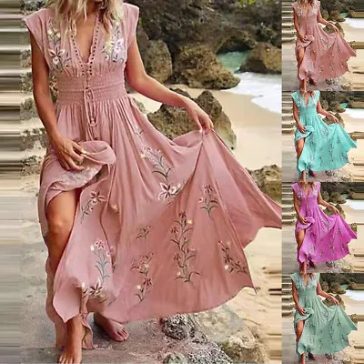 Womens Boho V Neck Floral Maxi Long Dress Ladies Summer Beach Holiday Sundress • £13.99