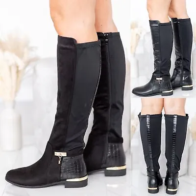 Womens Fashion Buckle Knee High Ladies Stretch Calf Leg Zip Flat Heel Boots Size • £24.99
