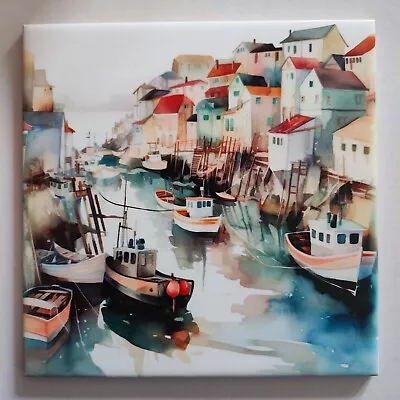 Ceramic Tile Picture Tile Photo Art Tile Watercolour Fishing Boats Harbour Decor • £19.99