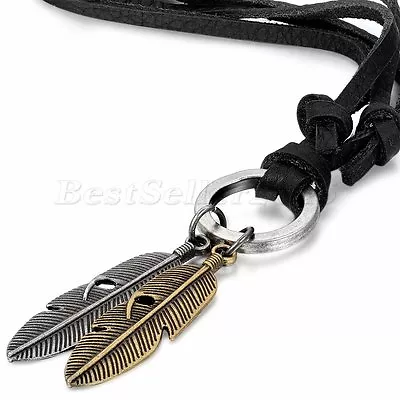 Men Women Double Feather Pendant Leather Necklace W/Adjustable Chain • $7.99