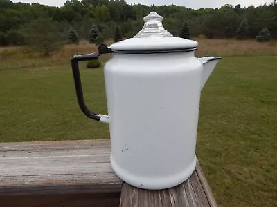 Vintage Camping Kitchen Graniteware Enamelware Coffee Pot Percolator White & Lid • $49.99