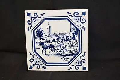 Vtg 1984 Blue White Ceramic TILE C. Payne Bathroom Horse PICTURE Trivet Kitchen • $14.54