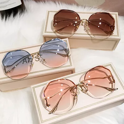 $4.99 • Buy Fashion Tea Gradient Sunglasses Women Ocean Water Cut Trimmed Lens Metal Curved