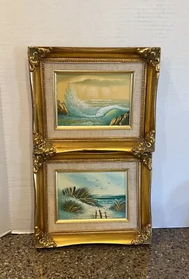 2 VTG Framed Seaside Beach Ocean Waves Seagulls Landscape Oil Paintings 9x10.75” • $119