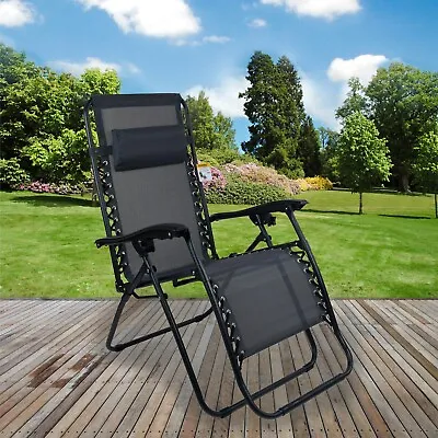 Garden Chair Sun Lounger Patio Reclining Grey Folding Summer Outdoor Sunbed Seat • £29.99