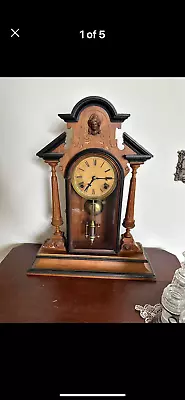 Fancy Old Antique Welch Mantle Parlor Clock Kitchen Liberty Head Black Accents • $225