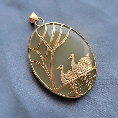 Vintage Jade Oval Necklace Pendant Filigree Overlay Swan Water Scene  • $69.99