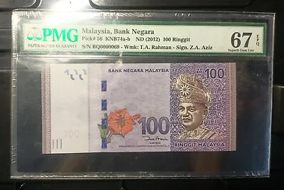 Malaysia Banknote Rm100 Pmg67epq Low Number Bq0000069 Zeti Gabenor • $118