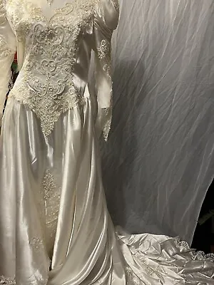 80’s Mon Cheri Wedding Dress/veil Puff Sleeves Bead Sequin Heart Cut Back • $290