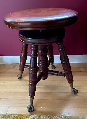 Antique Piano Stool A Merriam Co Brass Eagle Clawfoot W/ Glass Balls 19-22& 1/2” • $239