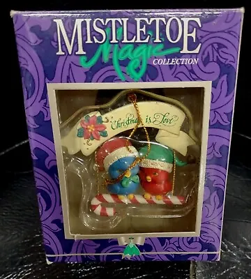 Vintage Christmas Ornament MISTLETOE MAGIC  2 Birds On A Candy Cane 93' • $15