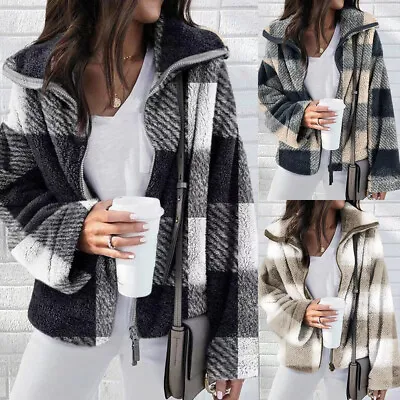 Plus Size Women Fleece Fur Check Coat Jacket Zip Up Winter Warm Outwear Overcoat • £12.99