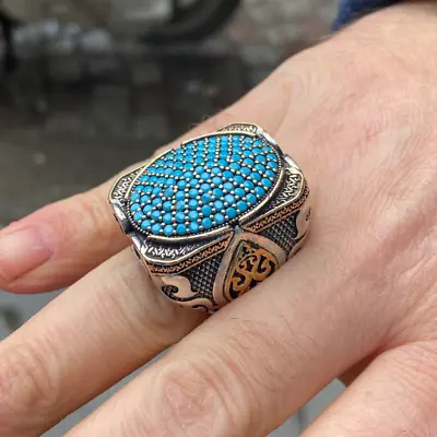 Silver Turquoise Stone Ring  Man Large Turquoise Gemstone Ring • $155