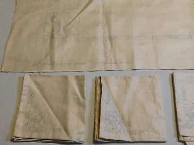 Vtg Stamped Linen Tablecloth 4 Napkins Embroidery Cross Stitch Unfinished Square • $30