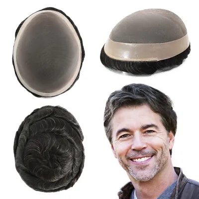 Mens Toupee Human Hair Replacement System Fine Mono Grey Hair Pieces Mens Wigs • $104.38