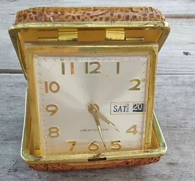 Vintage Westclox Travel Alarm Clock Wind Up With Date Calendar Works • $15