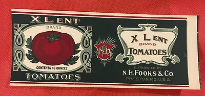 Vtg X Lent Brand Tomatoes N. H. Fooks Preston MD 10oz Can Label 9 X 3 3/4 Inches • $3.50