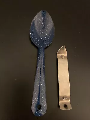 Vintage Mini Enameled Speckled Cooking Spoon 7 In. W/ Can Piercer. Camp Kitchen. • $16