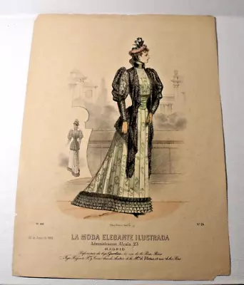 1892 Antique French Hand Colored LA MODE ELEGANTE ILLUSTRADA Fashion Print (24) • $18