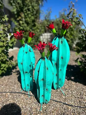 SET OF THREE Peanut Handmade Metal Cactus TURQUOISE - Garden Art • $210