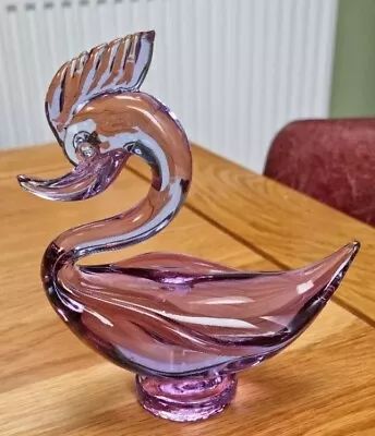 VINTAGE MURANO STYLE AMETHYST ART GLASS CRESTED BIRD FIGURE PAPERWEIGHT 17.5 Cm • £17.99