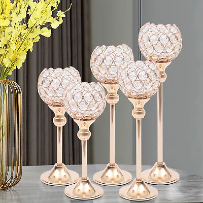 Glass Crystal Candle Holders 5-Piece Set Tealight Goblet Candle Holder Gold New • $26.32