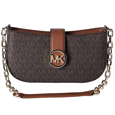 Michael Kors Carmen Small Leather Pouchette Shoulder Bag Brown MK Signature • $79