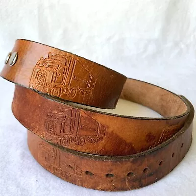Vintage Leather Belt Tooled Semi Truck Stamped No Buckle Boys Mens Durable • $19