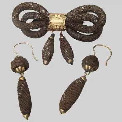 Antique Victorian Mourning Hairwork Woven Hair 14k Gold Pin Pierced Earrings Set • $379