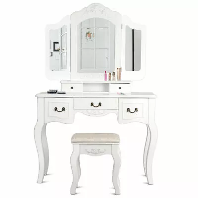 Tri Folding Mirrored Vanity Makeup Dressing Table Set  Vintage White Christmas • $208.89