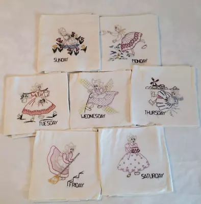 7 Vintage Linen Embroidered Kitchen Towels Days Of The Week - Each 36  X 27  • $33.95