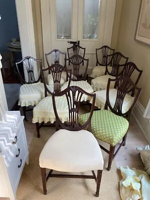 SET 10 Hepplewhite Shield Shaped Dining Chairs WHEAT CARVED STOP FLUTED C1920 • $799