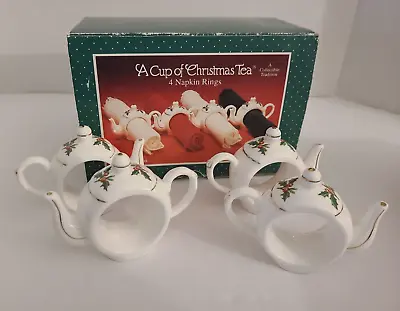 4 A Cup Of Christmas Tea Napkin Rings Christmas Tom Hegg Book Bone China 1995 • $16.99