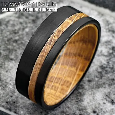 8mm Men's Black Brushed Tungsten Carbide-Whiskey Barrel Wood Wedding Band Ring • $15.99