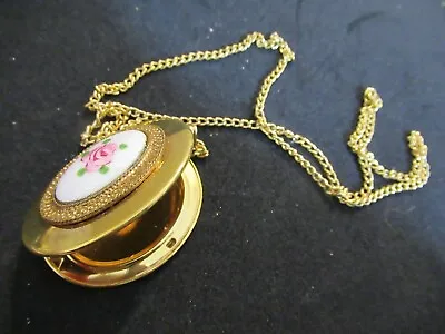 Vintage Gold Tone Ivory Enamel Rose Flower Locket Pendant Costume Jewelry • $17.95