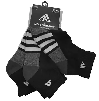 Adidas Mens Cushioned 3-Pack Quarter Socks Shoe Size: 6-12 Black 3-Pair • $15.99