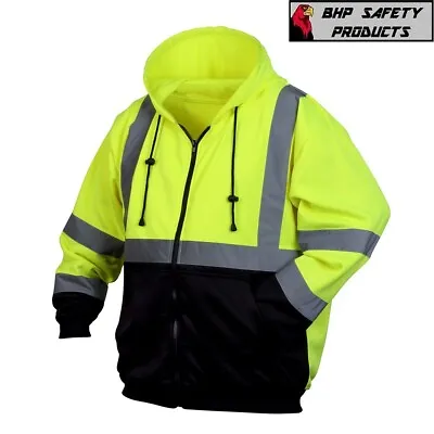 HIGH VISIBILITY Lime Green Class 3 Full-Zip Safety Sweatshirt Hoodie Jacket • $31.25