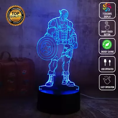 CAPTAIN AMERICA AVENGERS MARVEL 3D Acrylic LED 7 Colour Night Light Touch Lamp • $22.47