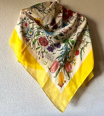 GUCCI Yellow Floral Silk Scarf  Signed Vintage • $380