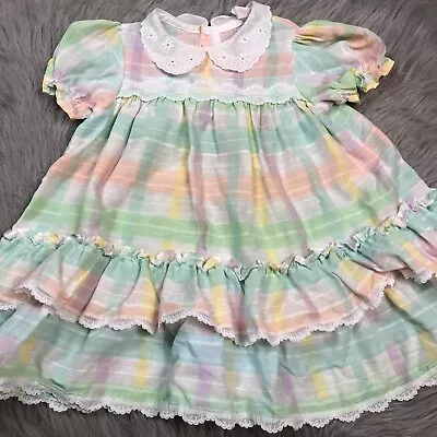 Vintage Toddler Girls Sears Pastel Plaid Lace Ruffle Dress • $25