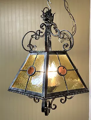 Vintage Mid Century Glass & Wrought Iron Swag Porch / Entry Chandelier • $350