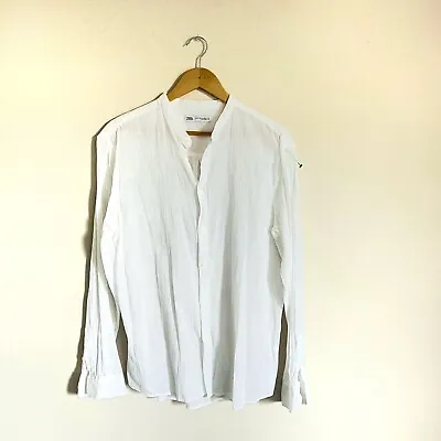 Zara Women XL  Long Sleeve Button White Linen Gauze Top Tunic Modern Classy • $24.95