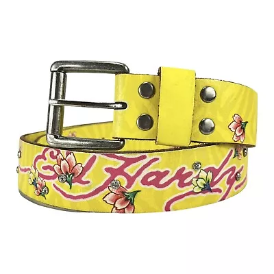 Ed Hardy | Women’s Large | Vintage Yellow Rhinestones Flowers Tiger & Logo Belt • $49.99