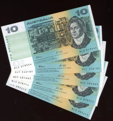 $66 • Buy 5 X 1991 Australian $10.00 Notes With Plate Letters D,M,N,O,P - EF