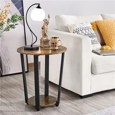 £28.99 • Buy Small Side Table Industrial Nightstand Round Sofa End Table With 2 Storage Rack