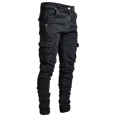 Men Skinny Jeans Stretch Slim Fit Pants Bike Jeans Cargo Pants Pockets Ripped • $18.99